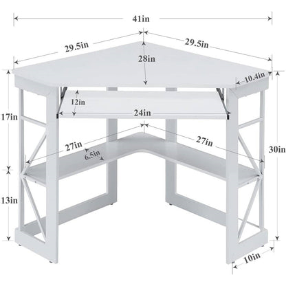 Corner Computer Desk with Keyboard Tray Storage Shelves in White