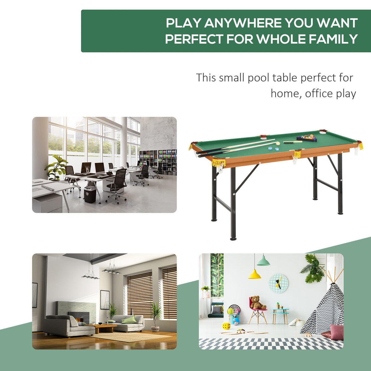 55 Portable Folding Billiards Table Game Pool Table for Whole Family Number Use With Cues, Ball, Rack, Green