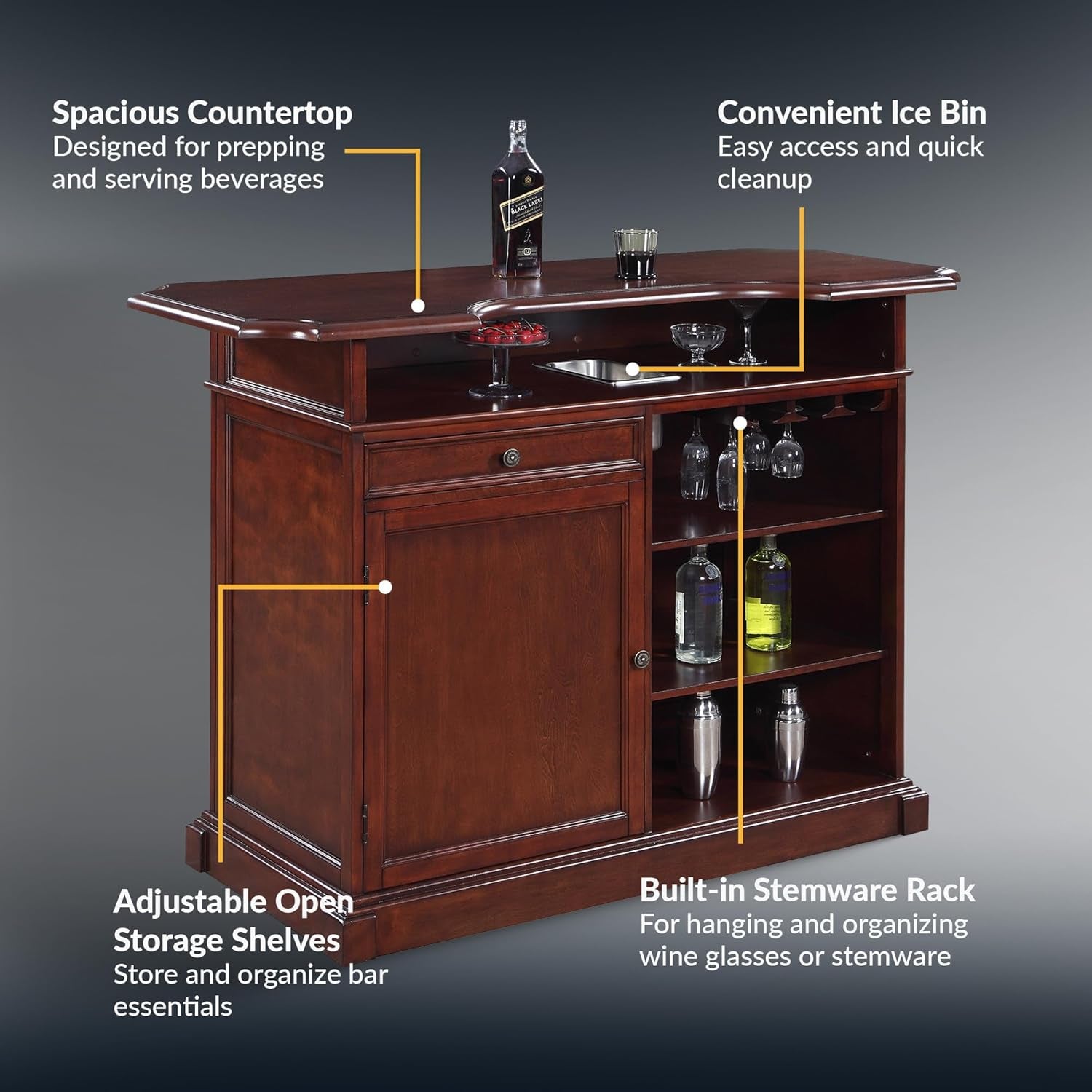 Ridgeline 60-In Hardwood Home Bar with Storage - Mahogany Finish