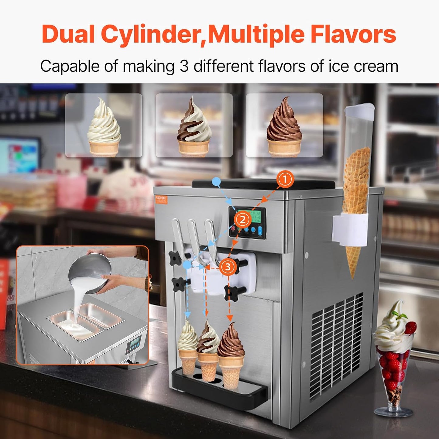 Commercial Ice Cream Machine, 21 QT/H Soft Serve Ice Cream Maker with LCD Panel Auto Clean 3-Flavor Pre-Cooling for Restaurant Snack Bar