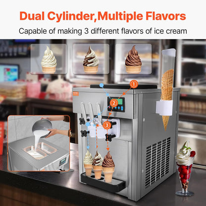 Commercial Ice Cream Machine, 21 QT/H Soft Serve Ice Cream Maker with LCD Panel Auto Clean 3-Flavor Pre-Cooling for Restaurant Snack Bar
