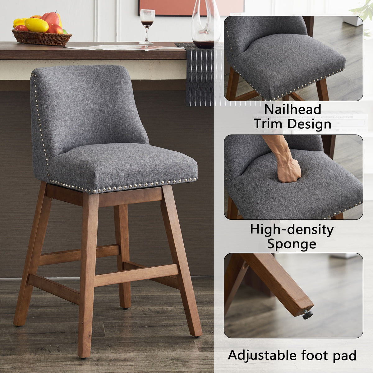 Upholstered Swivel Bar Stool Set with High Back and 360° Rotation - Blue or Dark Gray