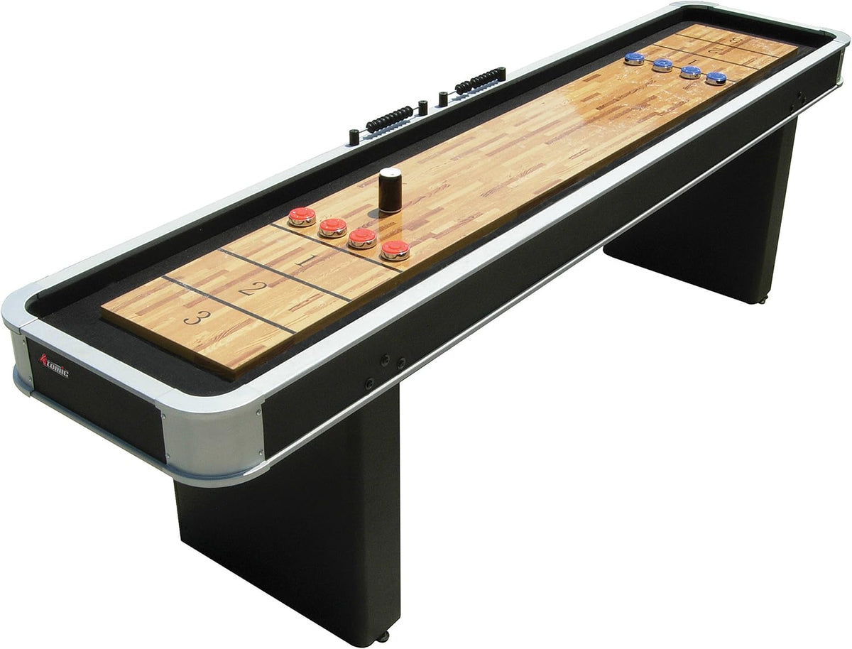9-Foot LED Shuffleboard Table with Poly-Coated Surface for Enhanced Puck Performance and Adjustable Pedestal Legs for Optimal Stability