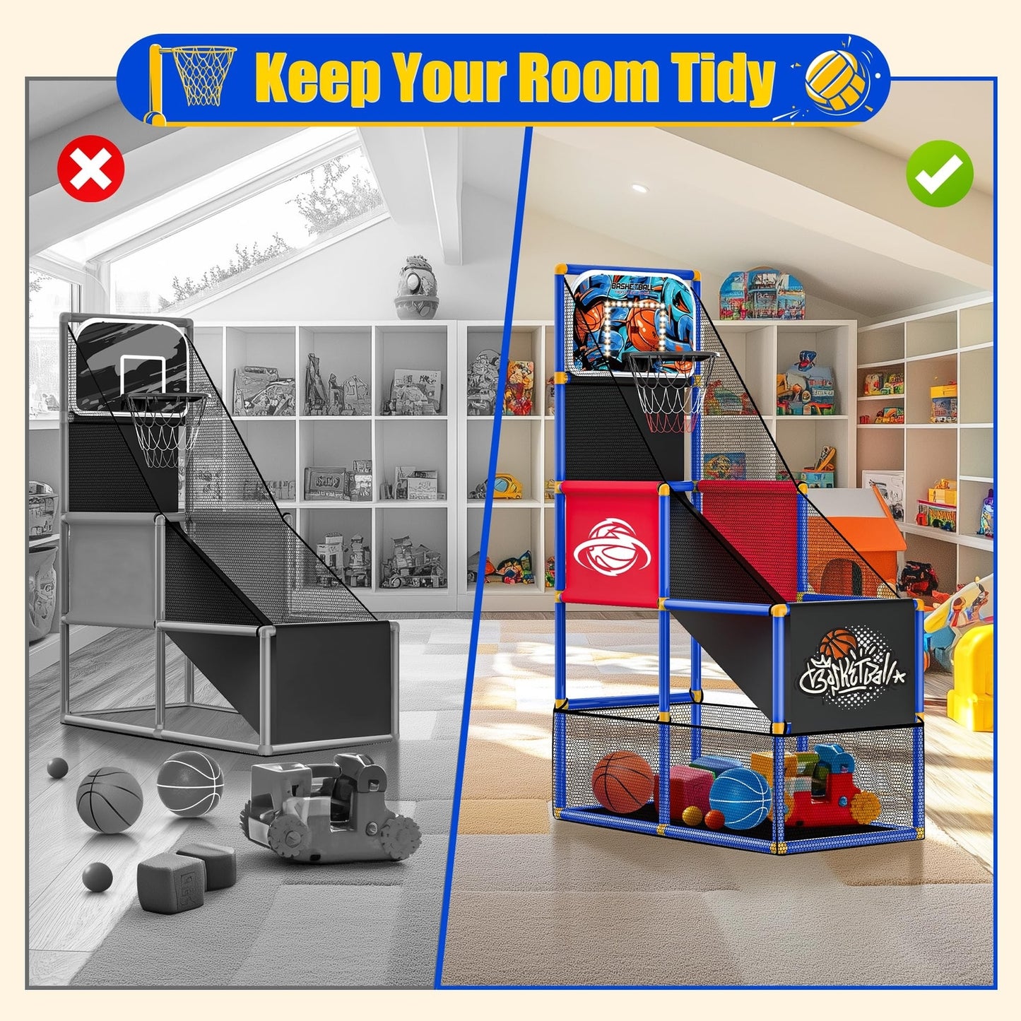 Kids Arcade Basketball Hoop with 4 Balls, Indoor Outdoor Single Shot Basketba...
