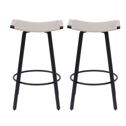 Counter Height Bar Stools Backless Handwoven Set with Round Footrest - Creamy White