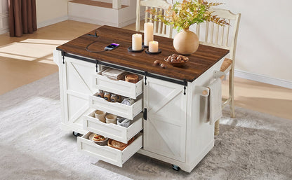 72" Farmhouse Kitchen Island with Fridge Storage and Power Outlets - Imitation Wood Grain