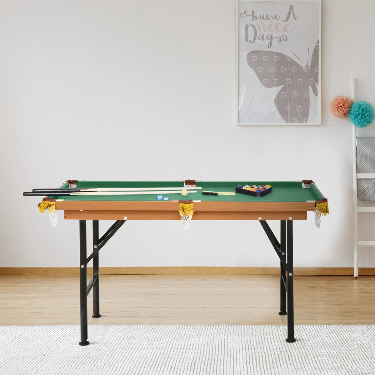 55 Portable Folding Billiards Table Game Pool Table for Whole Family Number Use With Cues, Ball, Rack, Green