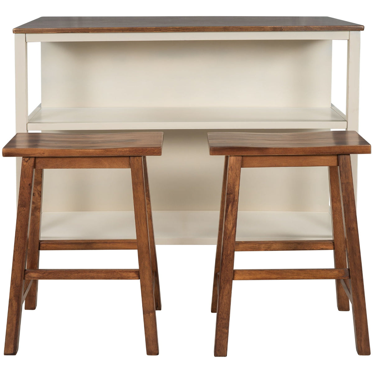 Rustic 3 Piece Stationary Kitchen Island Set with 2 Open Shelves - Light Brown