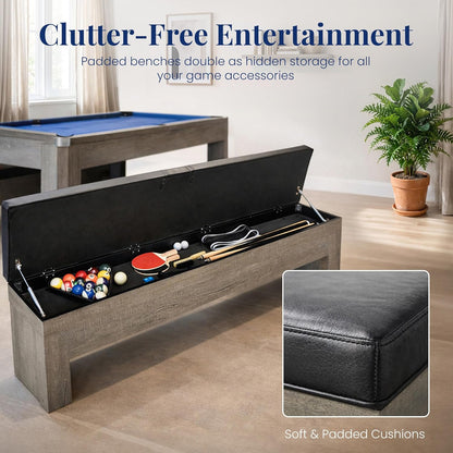 Newport 7 Foot Pool Table Combo – 3 in 1 Game Table with Reversable Table Tennis Top & Dining Top – Includes Game Accessories & Two Benches – Chrome Accents, Rustic Gray Finish, Blue Felt