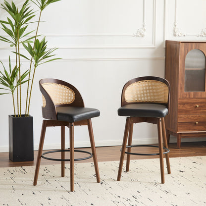 Como Indoor Wood Barstool Set of 2 with Rattan Backrest - Black, Beige