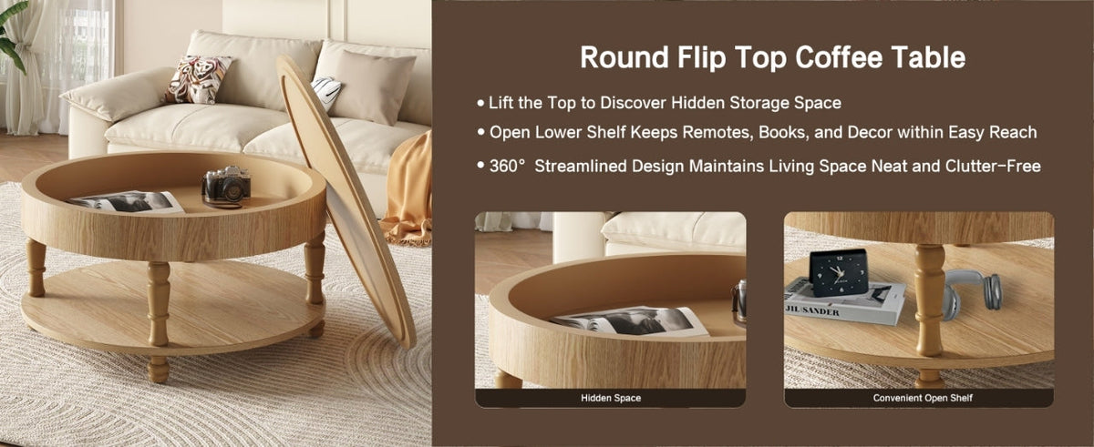 Round Coffee Activity Table with Dual Storage - Natural Wood, 31.5"