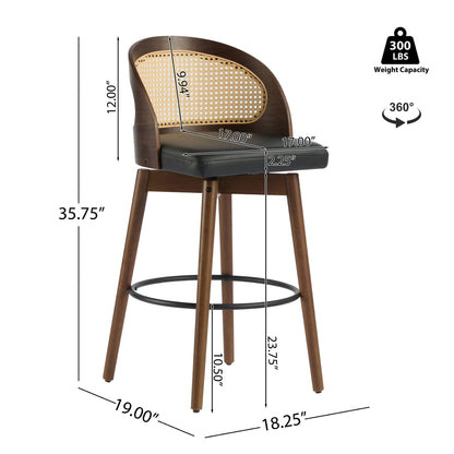 Como Indoor Wood Barstool Set of 2 with Rattan Backrest - Black, Beige