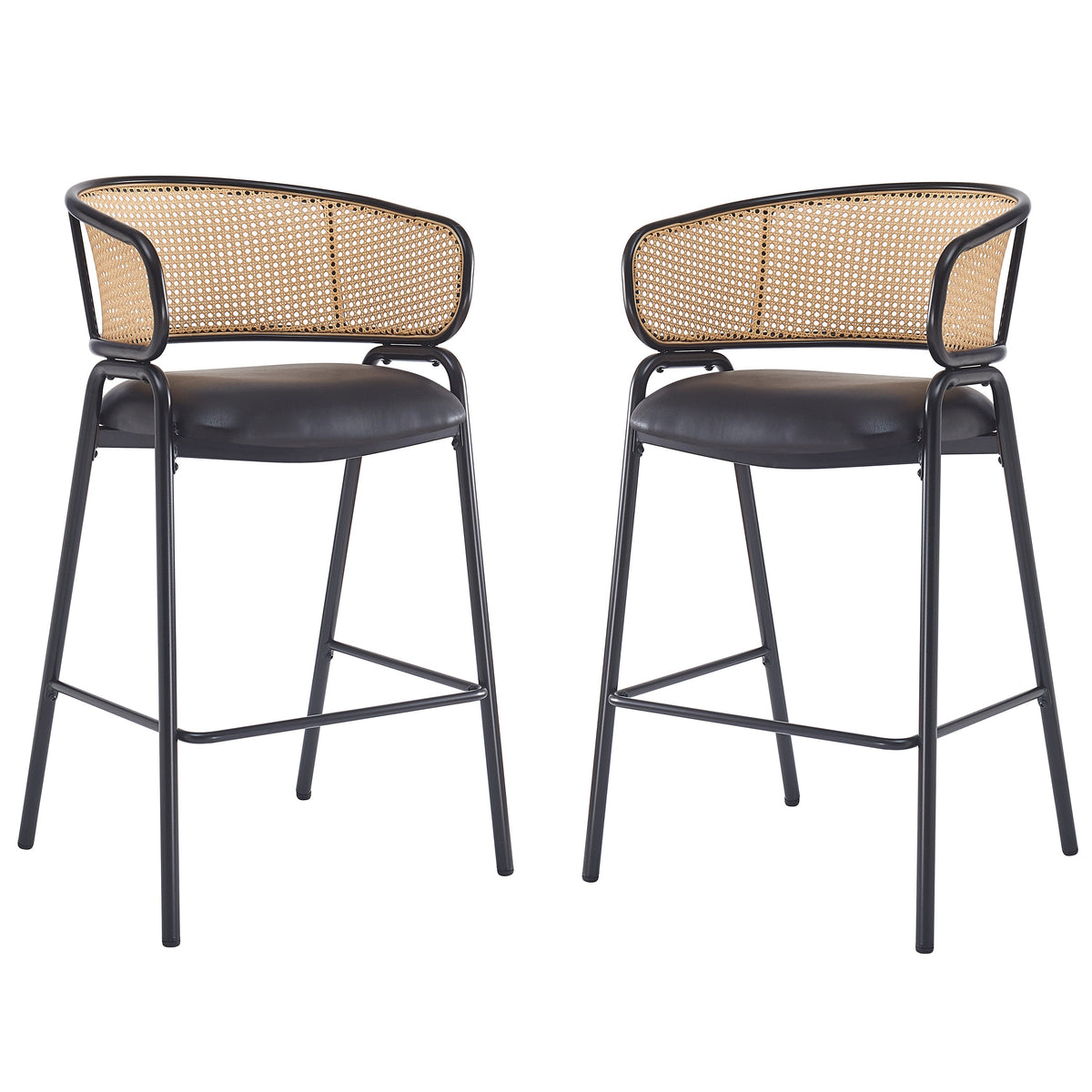 Ethan Indoor Metal Upholstered Barstool Set of 2 with Faux Leather & Rattan - Multi