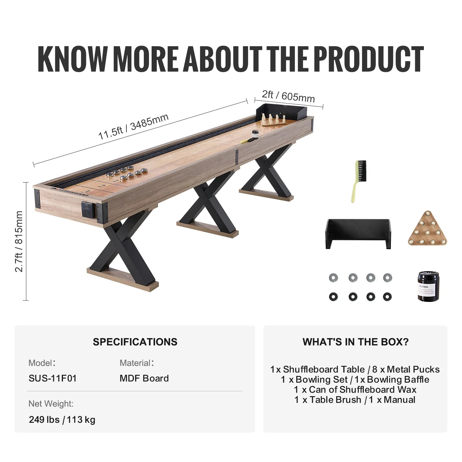 Ultimate 11.5 Ft Shuffleboard & Bowling Combo Game Set - Perfect for Family Game Rooms with Scratch-Resistant Playfield, 8 Pucks, Bowling Set, Wax & Table Brush Included!