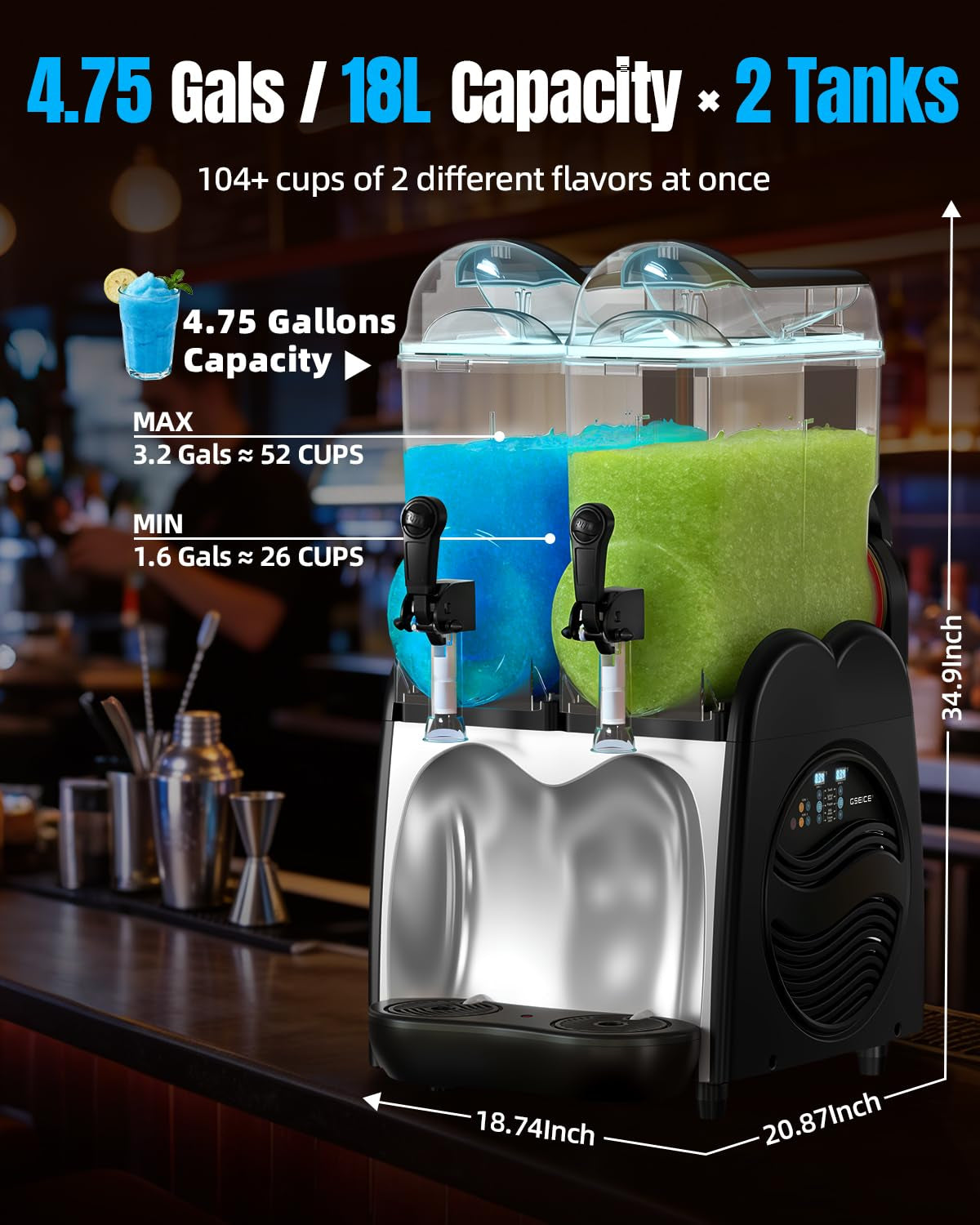 36L Commercial Slushie Machine 2 Tanks 9.5 Gal Frozen Drink Machine for Margarita Wine Slushies, 7-Color LED Light, 5 Smart Modes, Auto Clean, Slushy Machine for Bar Café Restaurant Party 120V/60Hz
