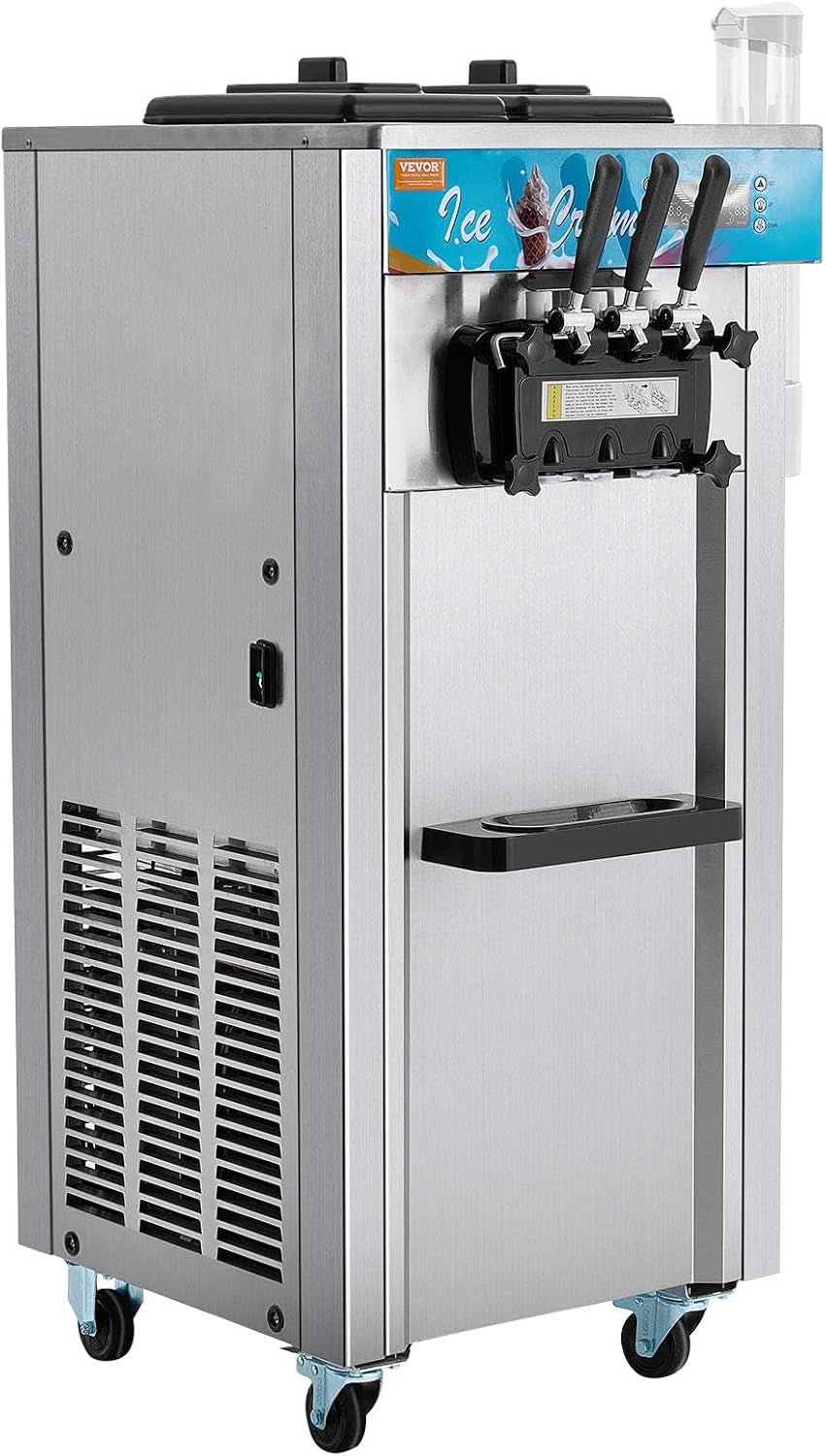 Commercial Ice Cream Machine, 21-31 L/H Yield, 1800W 3-Flavor Freestanding Soft Serve Ice Cream Maker, 2 X 5.5L Stainless Steel Cylinder, LED Panel Auto Clean Pre-Cooling, for Restaurant Bars