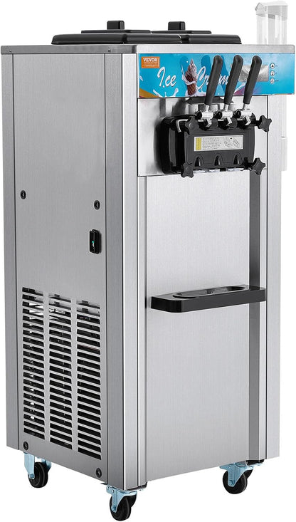 Commercial Ice Cream Machine, 21-31 L/H Yield, 1800W 3-Flavor Freestanding Soft Serve Ice Cream Maker, 2 X 5.5L Stainless Steel Cylinder, LED Panel Auto Clean Pre-Cooling, for Restaurant Bars