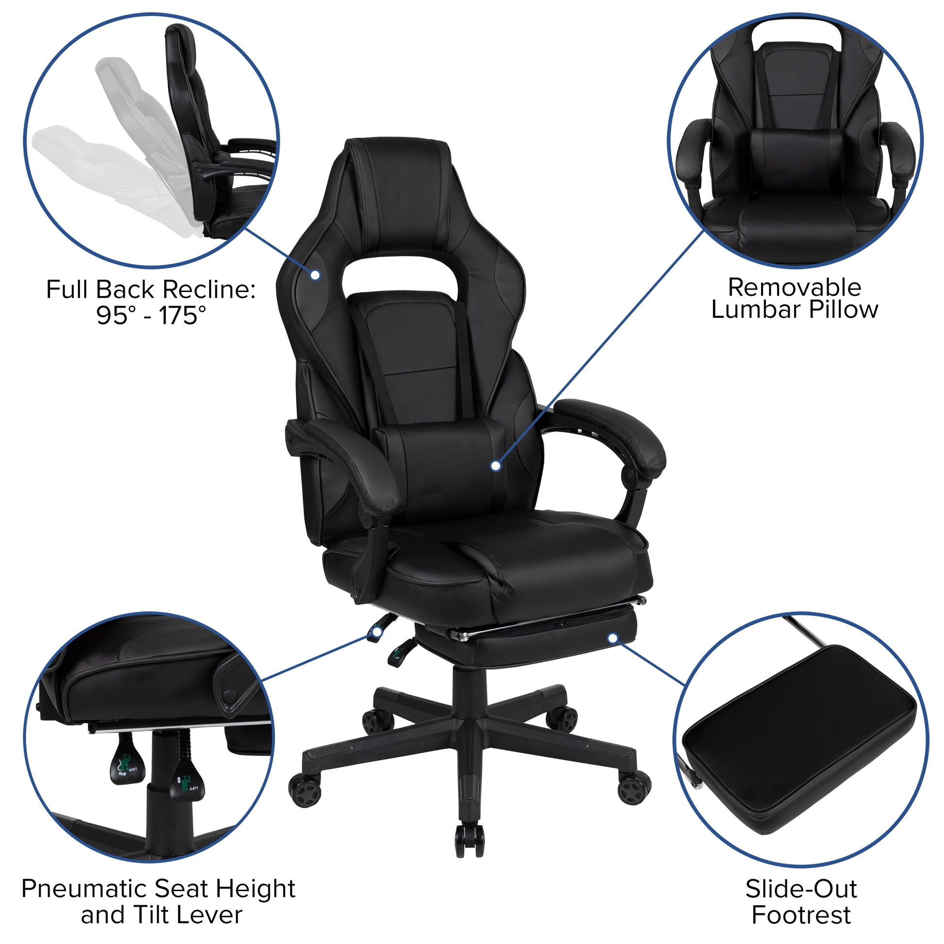 Black Ergonomic Gaming Chair -Recline Back/Arms, Footrest, Massaging Lumbar