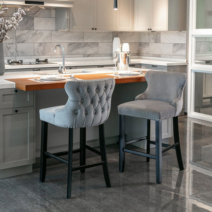 Upholstered Wing-Back Barstools with Button Tufting and Nailhead Trim - Set of 2