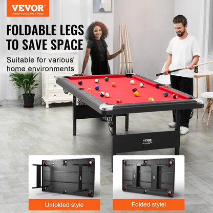 Billiards Table, 7 Ft Pool Table, Portable Foldable Space-Saving Table, Billiard Table Set Includes Balls, Cues, Chalks And Brush, Black With Red Cloth, Perfect For Family Game Room Kids Adults