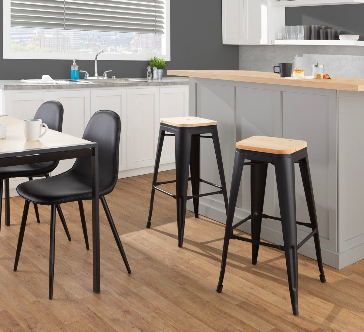 Contemporary Barstool Set of 2 with Stackable Design - Black or White