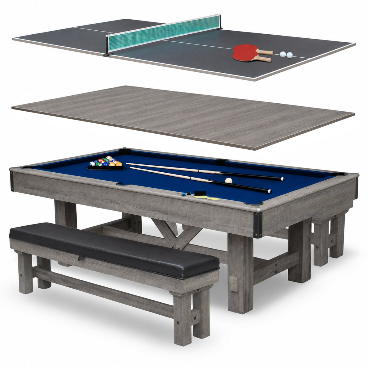Hathaway Logan 7-ft Pool Table Combo Set with Benches - Rustic Gray with Blue Felt