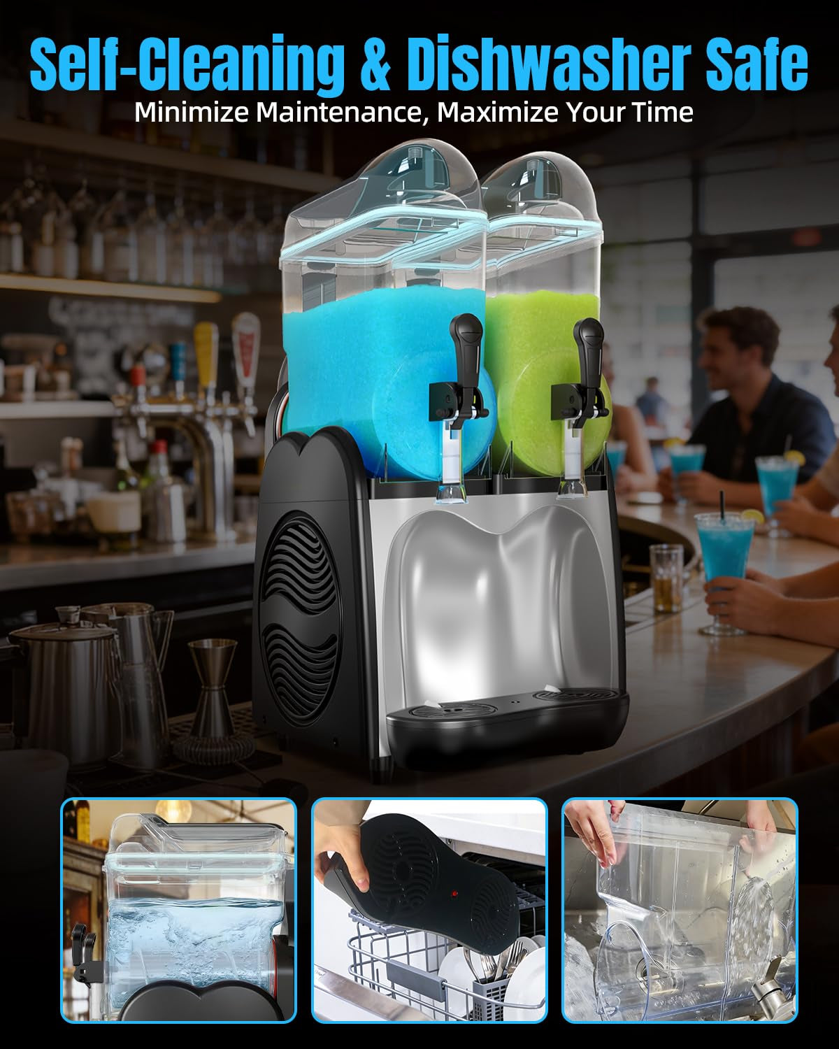 36L Commercial Slushie Machine 2 Tanks 9.5 Gal Frozen Drink Machine for Margarita Wine Slushies, 7-Color LED Light, 5 Smart Modes, Auto Clean, Slushy Machine for Bar Café Restaurant Party 120V/60Hz