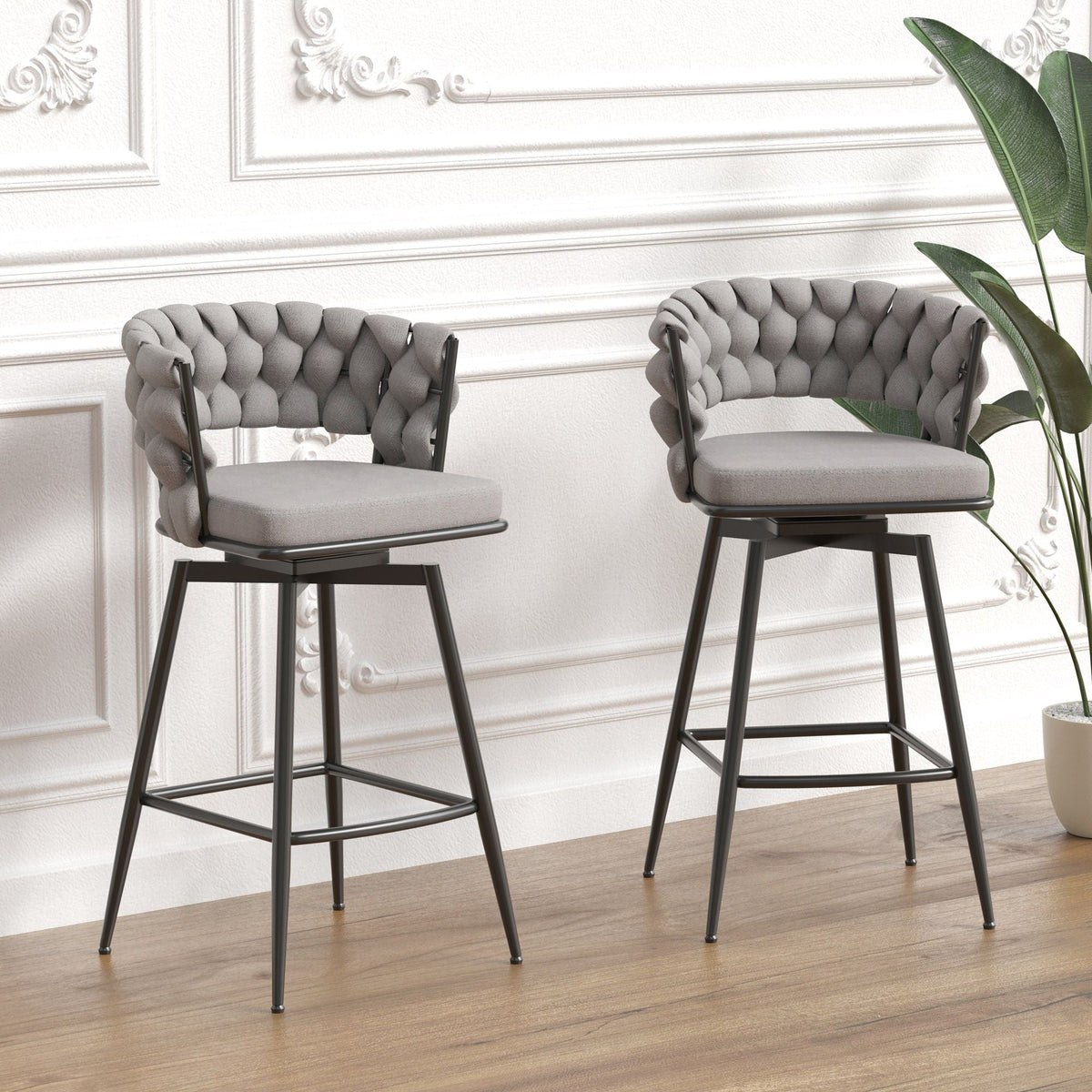 Bar Stool 360 Swivel with Back Footrest - Upholstered, Set of 2