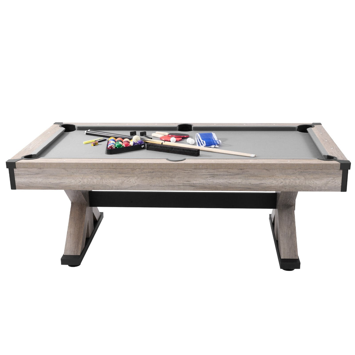 Billiards Table Combo Set, 7ft 3-in-1 Multi Game Table With Dining, Pool, And Tennis Table, Includes Full Set Of Accessories, Wood Color With Grey Cloth, Perfect For Family Game Room Kids Adults