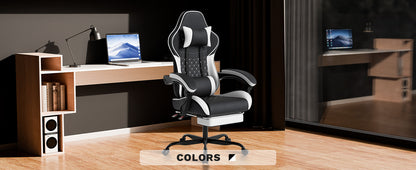 Ergonomic Video Gamer Chair with Massage Lumbar Support and Footrest - Black