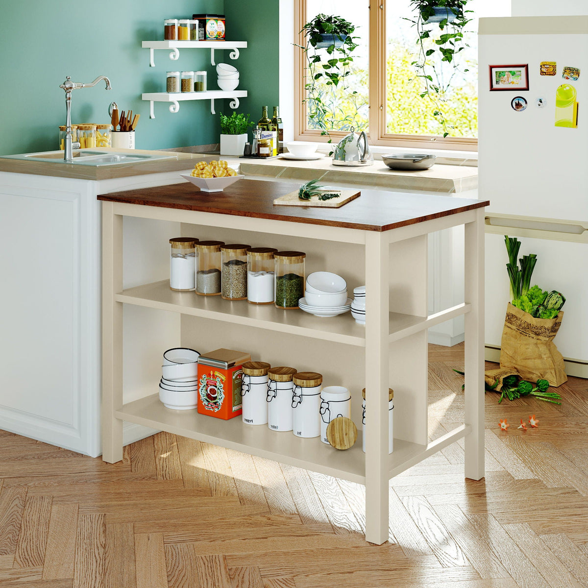 Rustic 3 Piece Stationary Kitchen Island Set with 2 Open Shelves - Light Brown