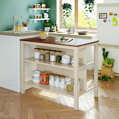 Rustic 3 Piece Stationary Kitchen Island Set with 2 Open Shelves - Light Brown