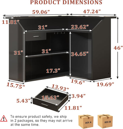 L-Shaped Home Bar Cabinet with Fridge Space, 4-Tier Corner Bar Cabinet with Glass Holder, Liquor Cabinet for Home with Led Lights, Power Outlets, Wine Cabinet for Living Room, Dining Room, Basement