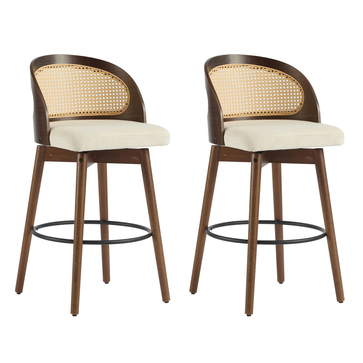 Como Indoor Wood Barstool Set of 2 with Rattan Backrest - Black, Beige