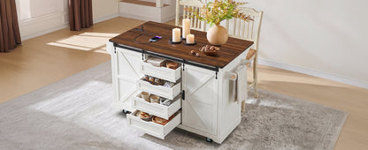 72" Farmhouse Kitchen Island with Fridge Storage and Power Outlets - Imitation Wood Grain