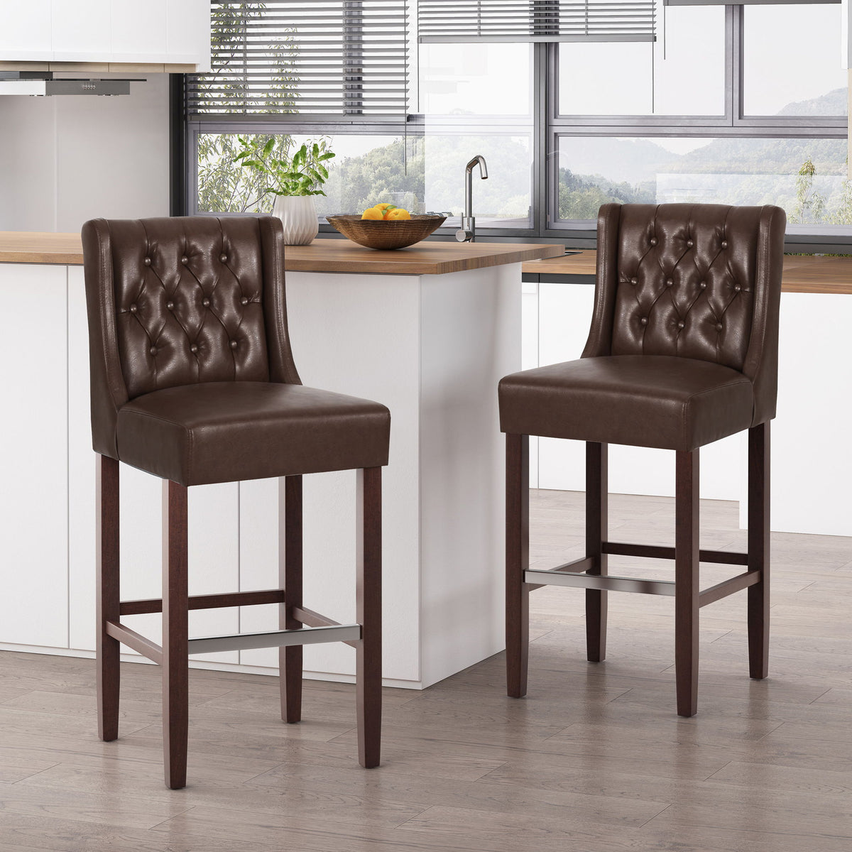 Upholstered Barstool with Button Tufted Wing Back - Multiple Colors