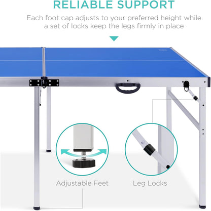 Portable Ping Pong Table, Mid-Size Folding Indoor Outdoor Table Tennis W/ 2 Paddles, 4 Balls Included, Carrying Bag