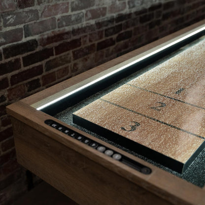LED Shuffleboard with Contemporary Buffet Top - Illuminated LED Rails and Two-Piece Leaf Design