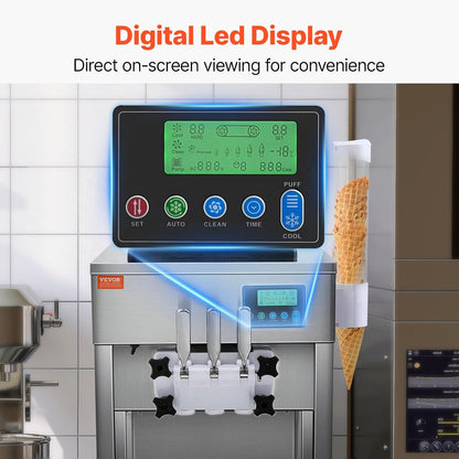 Commercial Ice Cream Machine, 21 QT/H Soft Serve Ice Cream Maker with LCD Panel Auto Clean 3-Flavor Pre-Cooling for Restaurant Snack Bar