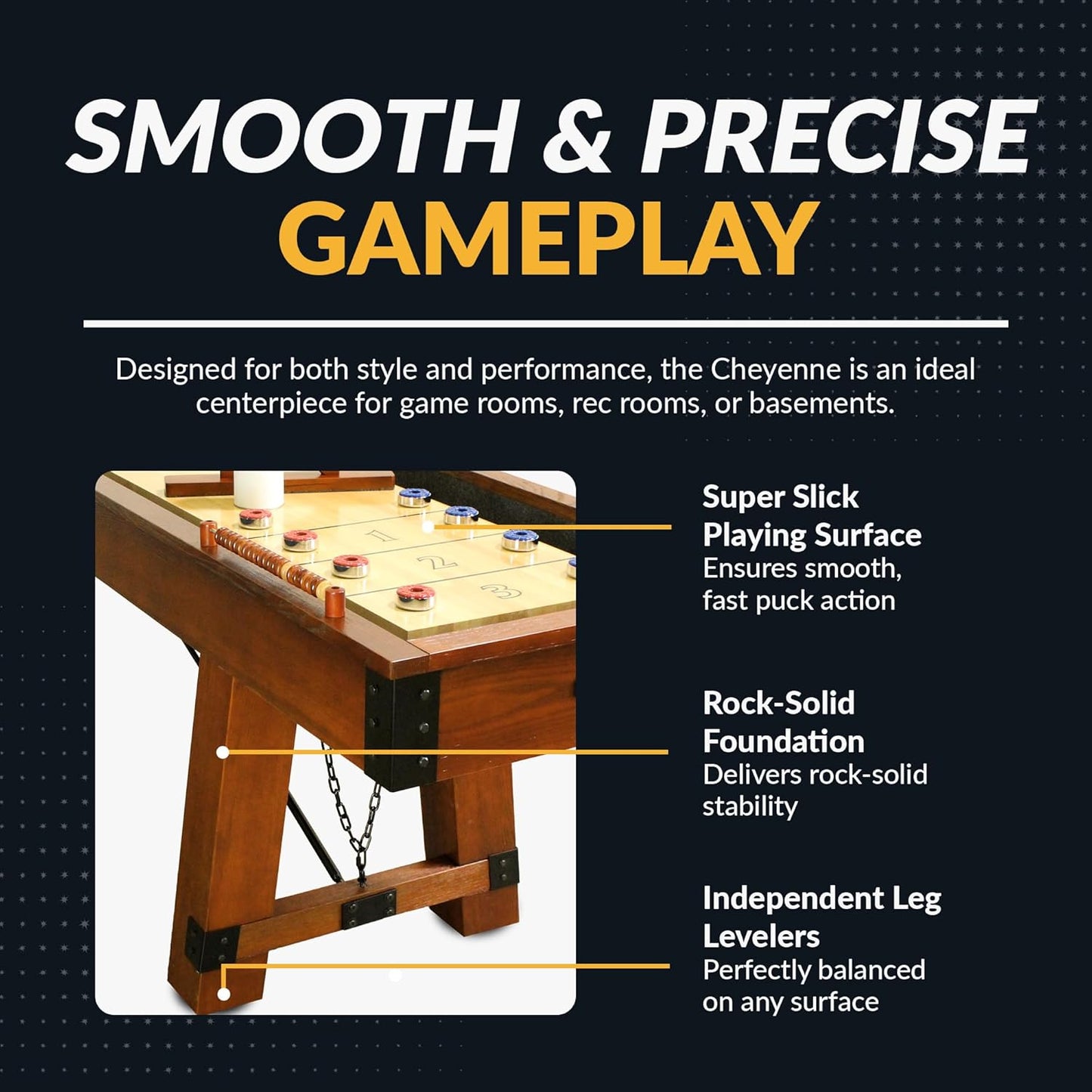Cheyenne 12 Ft Shuffleboard Table for Family Arcade Game Room - with Poly-Coated Playfield, Built-In Scorer & Cabinet, Climate Adjusters, Leg Levelers, 8 Pucks, Brush & Wax – Rustic Oak