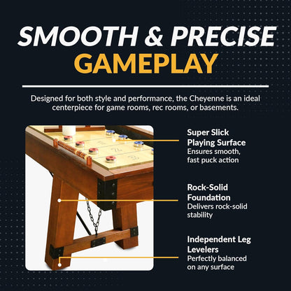 Cheyenne 12 Ft Shuffleboard Table for Family Arcade Game Room - with Poly-Coated Playfield, Built-In Scorer & Cabinet, Climate Adjusters, Leg Levelers, 8 Pucks, Brush & Wax – Rustic Oak