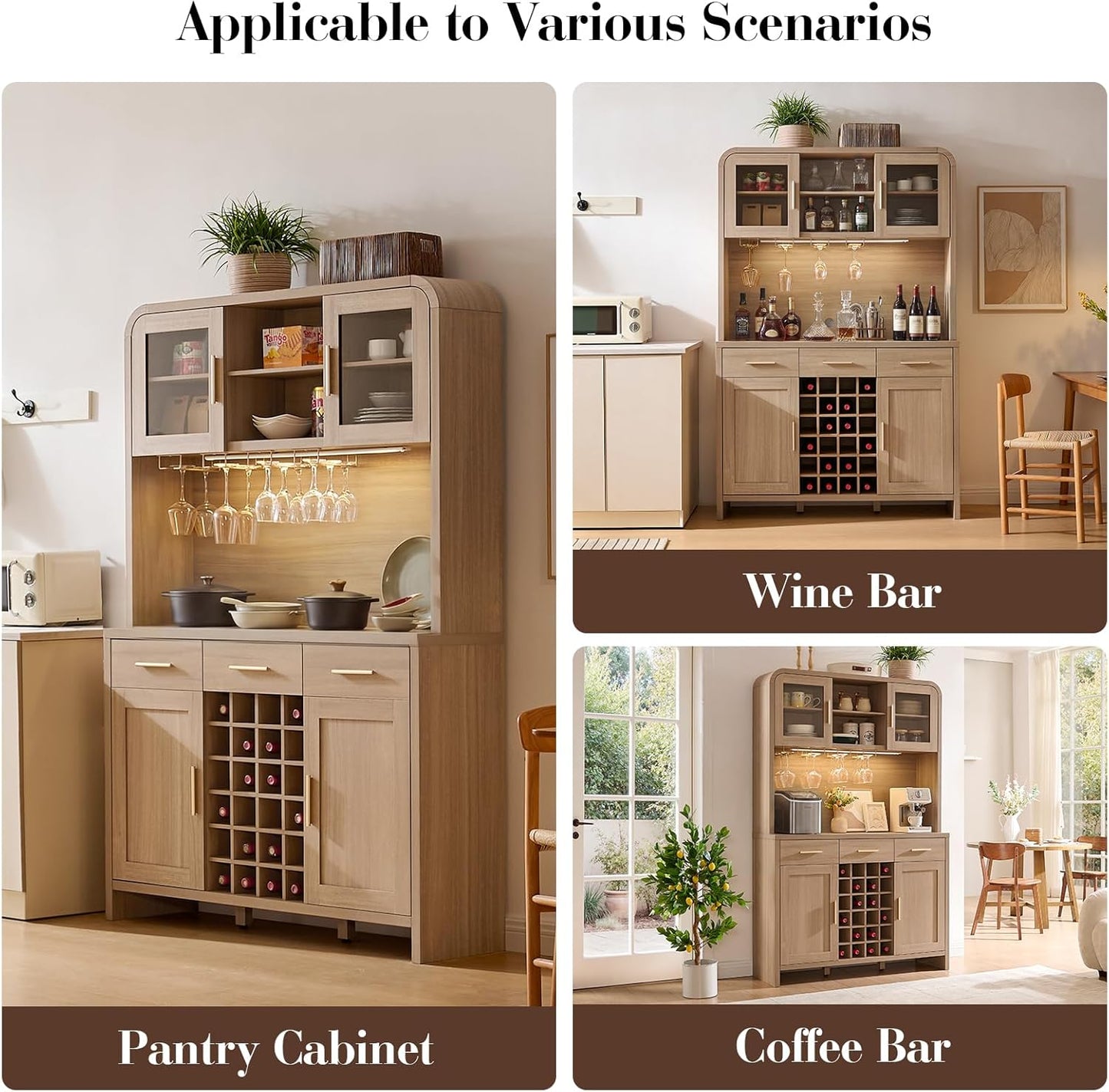 77" Tall Coffee Bar Cabinet with Storage and Wine Rack, Wine Cabinet for Dining Room Home with LED Lighting & Charging Station, Bar Cabinets for Kitchenwith Glass Holders, Oak