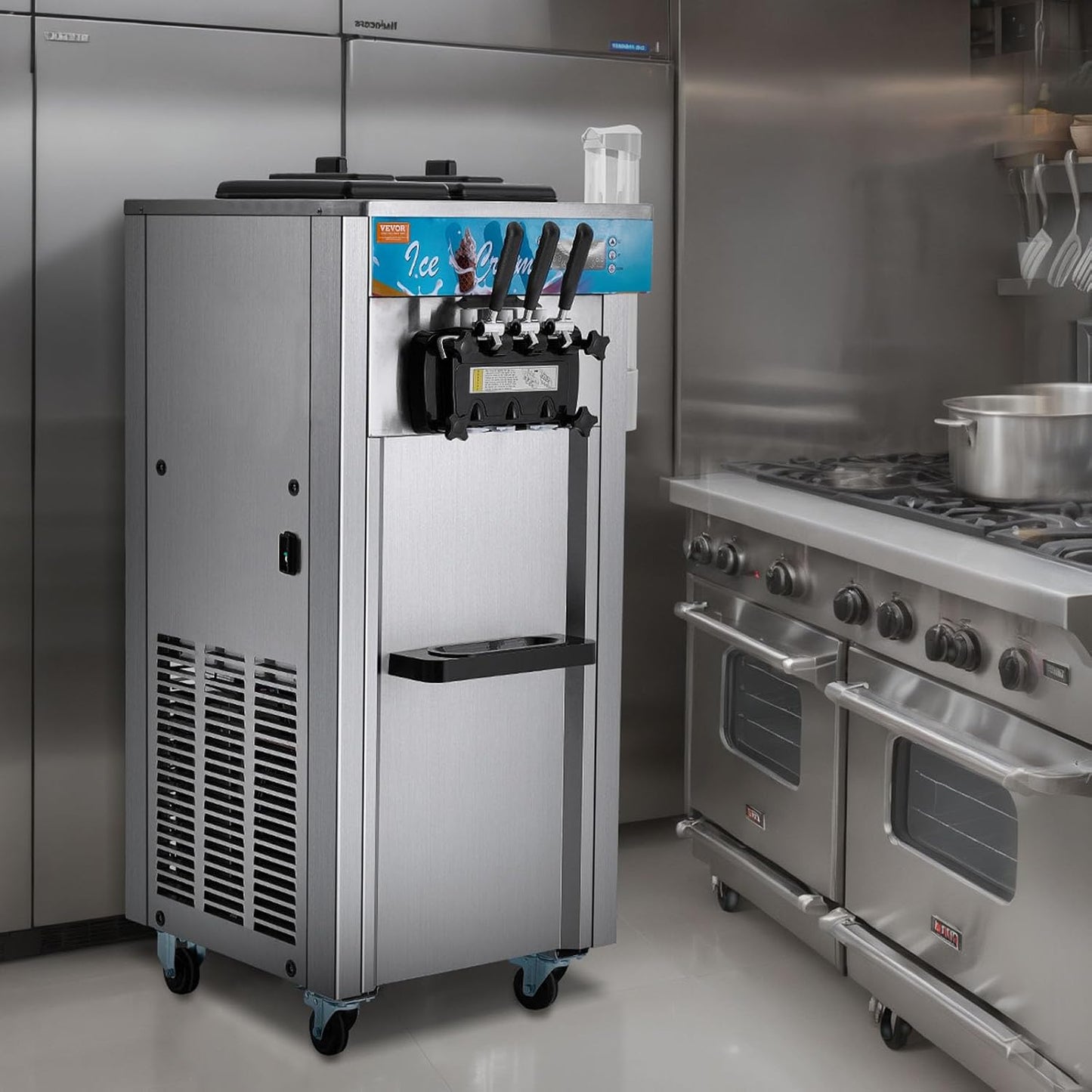 Commercial Ice Cream Machine, 21-31 L/H Yield, 1800W 3-Flavor Freestanding Soft Serve Ice Cream Maker, 2 X 5.5L Stainless Steel Cylinder, LED Panel Auto Clean Pre-Cooling, for Restaurant Bars
