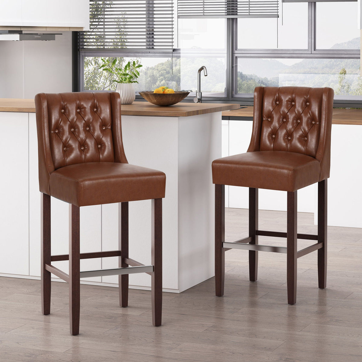 Upholstered Barstool with Button Tufted Wing Back - Multiple Colors
