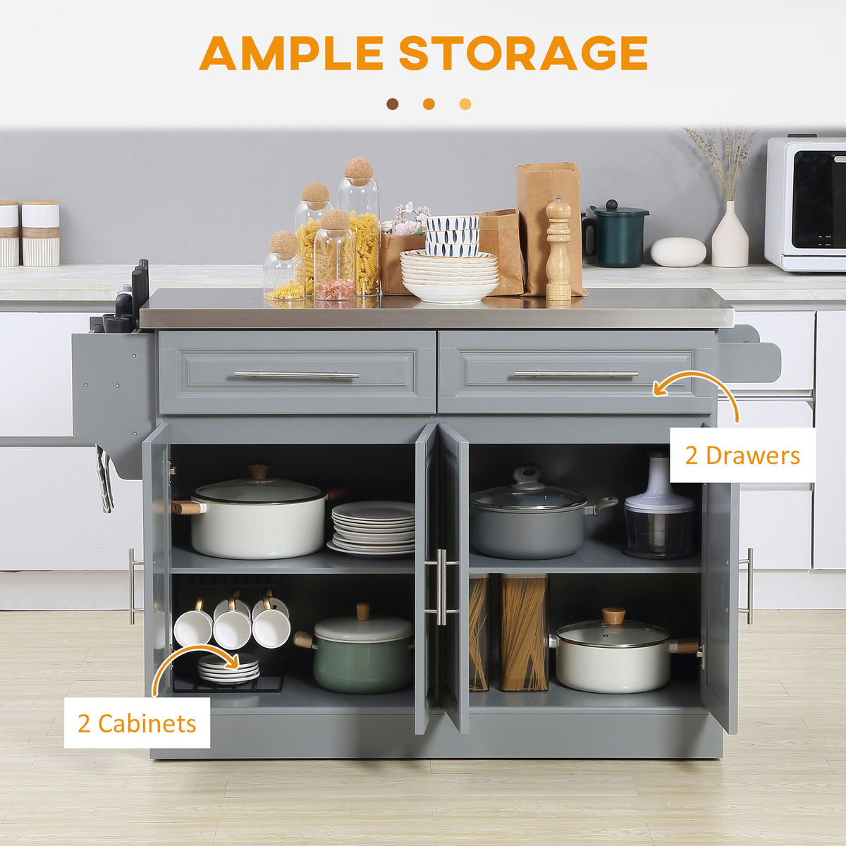 Rolling Kitchen Island with Stainless Steel Top and Ample Storage - Gray or White