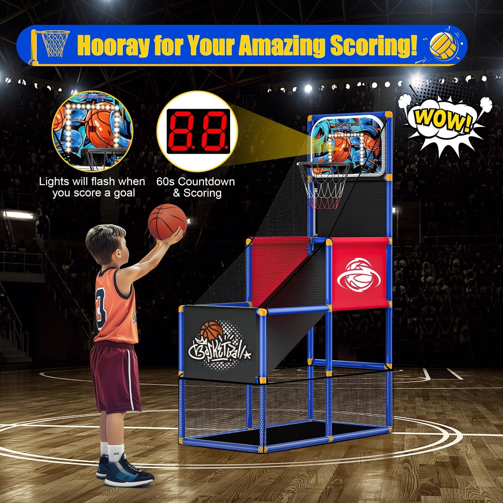 Kids Arcade Basketball Hoop with 4 Balls, Indoor Outdoor Single Shot Basketba...