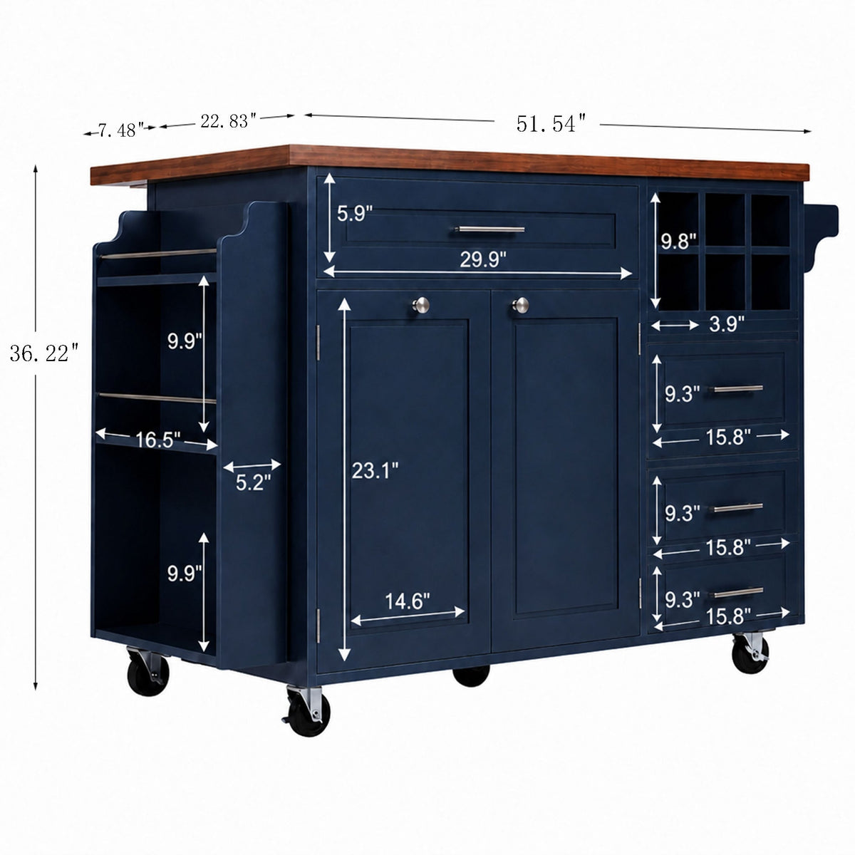Rolling Kitchen Island Cart with Drop-Leaf and Rubber Wood Top - Natural
