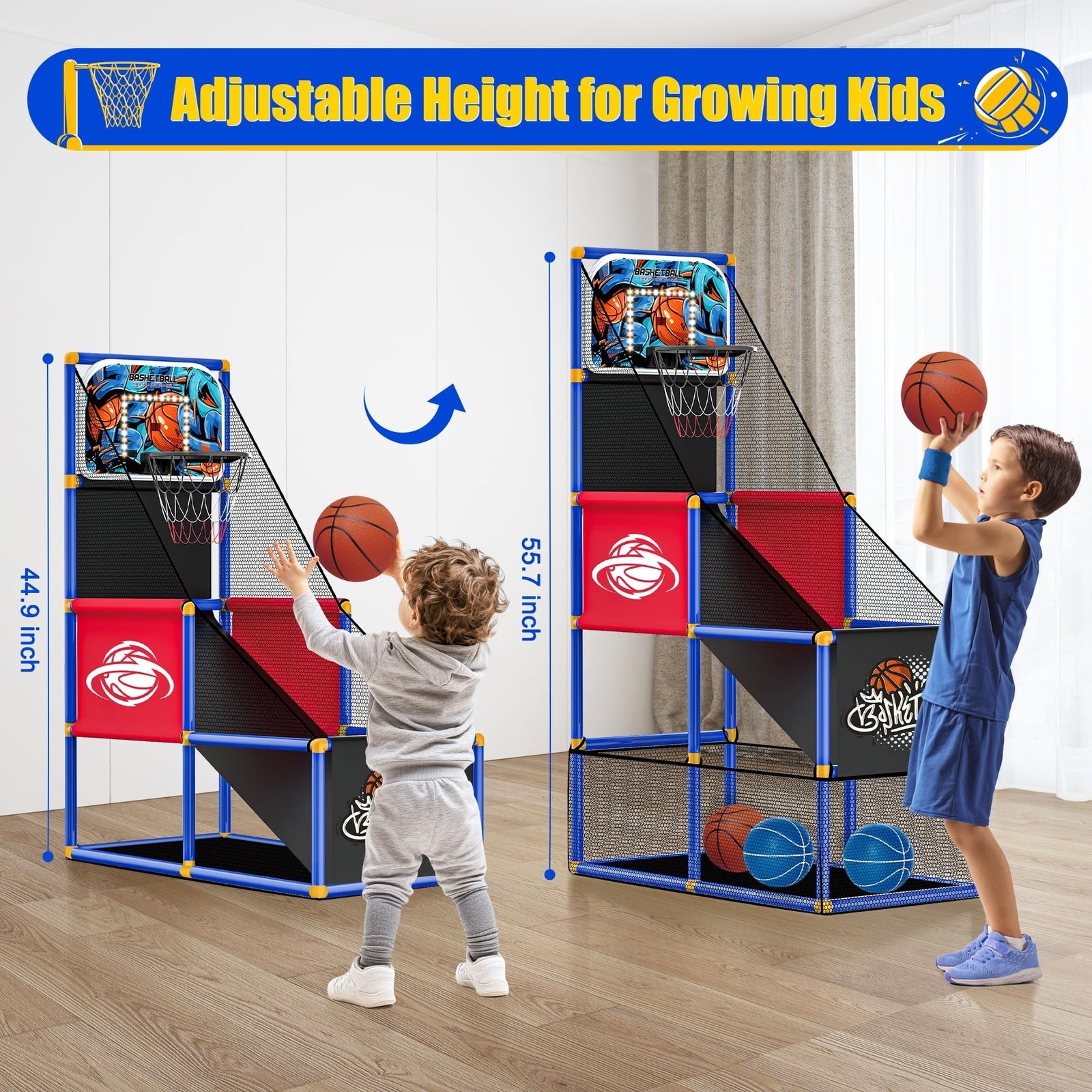 Kids Arcade Basketball Hoop with 4 Balls, Indoor Outdoor Single Shot Basketba...