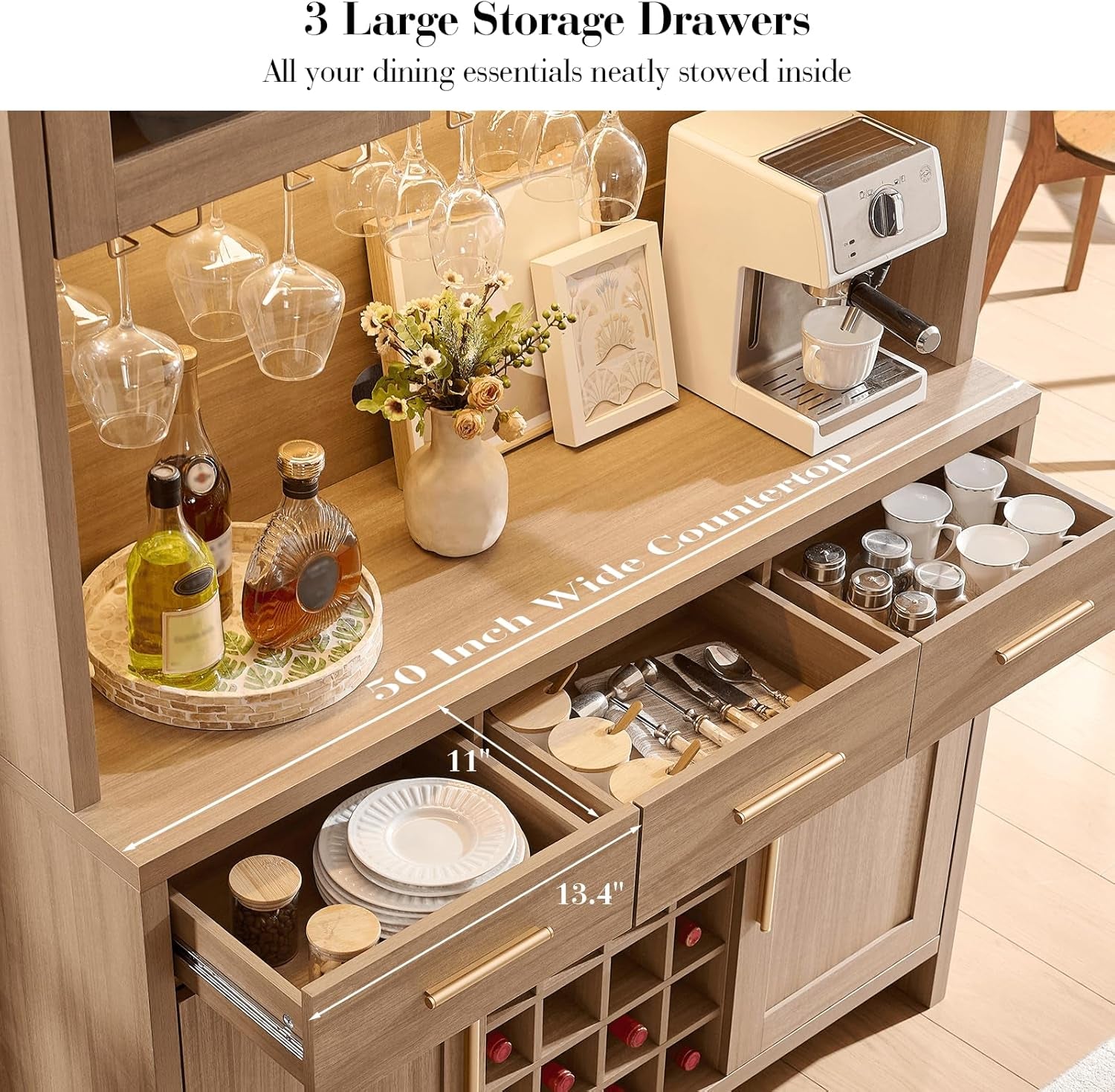 77" Tall Coffee Bar Cabinet with Storage and Wine Rack, Wine Cabinet for Dining Room Home with LED Lighting & Charging Station, Bar Cabinets for Kitchenwith Glass Holders, Oak
