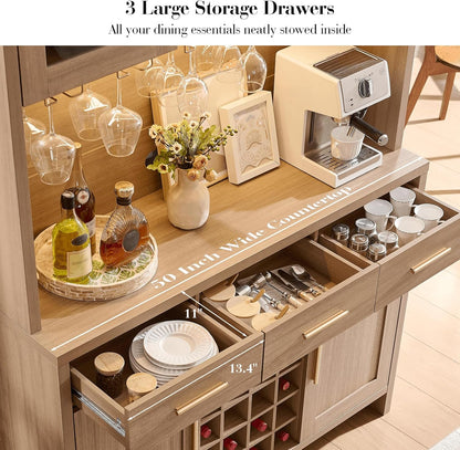 77" Tall Coffee Bar Cabinet with Storage and Wine Rack, Wine Cabinet for Dining Room Home with LED Lighting & Charging Station, Bar Cabinets for Kitchenwith Glass Holders, Oak
